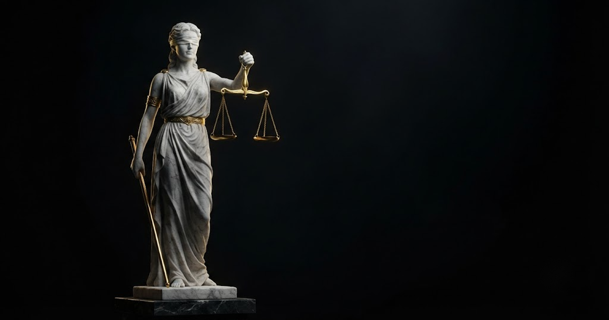 A blindfolded marble figure of Themis holds perfectly balanced golden scales in the void, the still emblem of the law that fences the regulated estate.