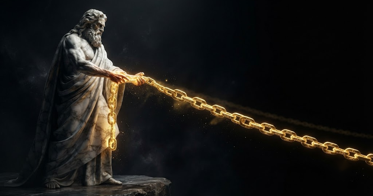 A robed titan of time draws an endless chain of glowing golden links through the dark, each link a sealed and unbreakable record.
