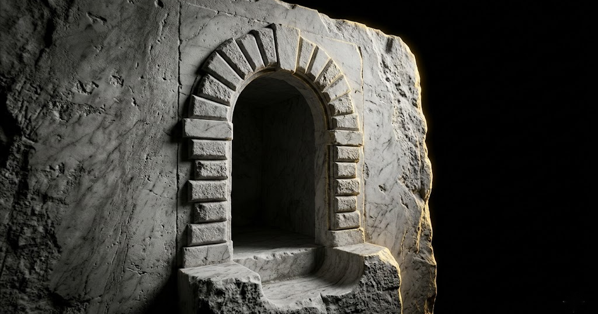 A carved marble gateway opening onto an empty dark chamber, lit by a thin gold rim light against black, evoking a sealed but unwitnessed space.