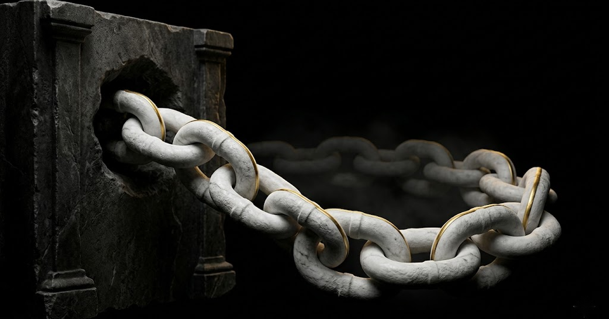A carved marble chain of unbroken links emerging from a stone tablet, each link rimmed in gold light against black, symbolising a tamper-evident hash-chained record.