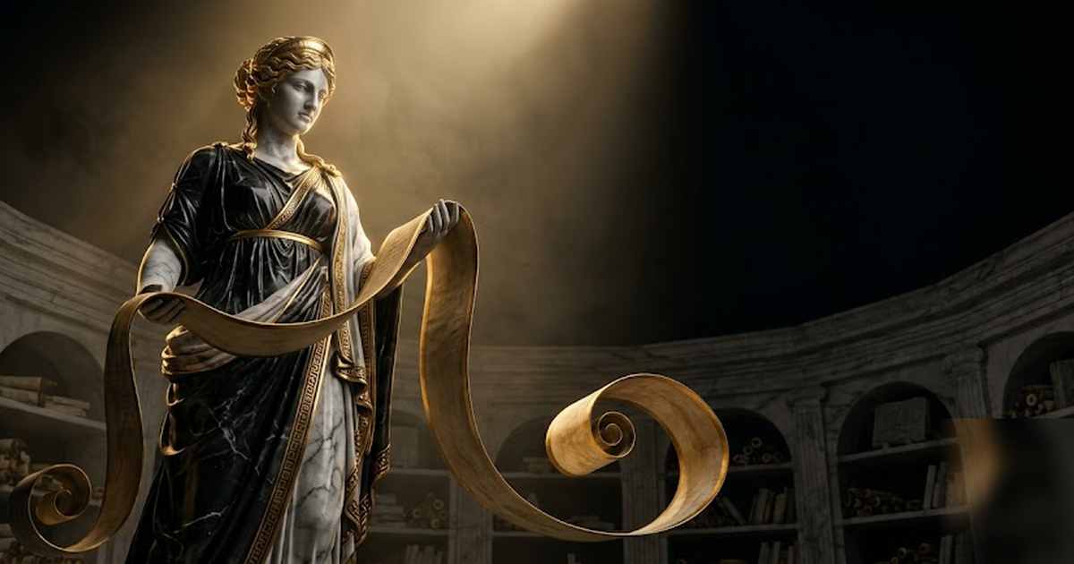 Cinematic Greek pantheon scene, the goddess Mnemosyne, spirit of memory, rendered in void-black and satin-gold marble, cradling an endless scroll that coils into a vaulted archive, dramatic chiaroscur