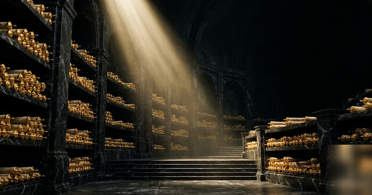 A vast subterranean library of black marble shelves stretching into darkness, every scroll edged in satin gold, a single beam of light from above, mythic atmosphere, no text, no people, no charts, fra