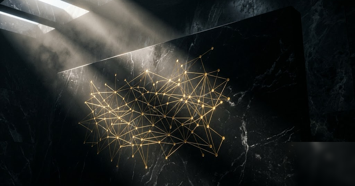 A golden constellation of connected points carved into a black marble wall, like a private knowledge graph sealed in stone, cinematic god-ray lighting, void-black, no text, no UI, frameless, no waterm