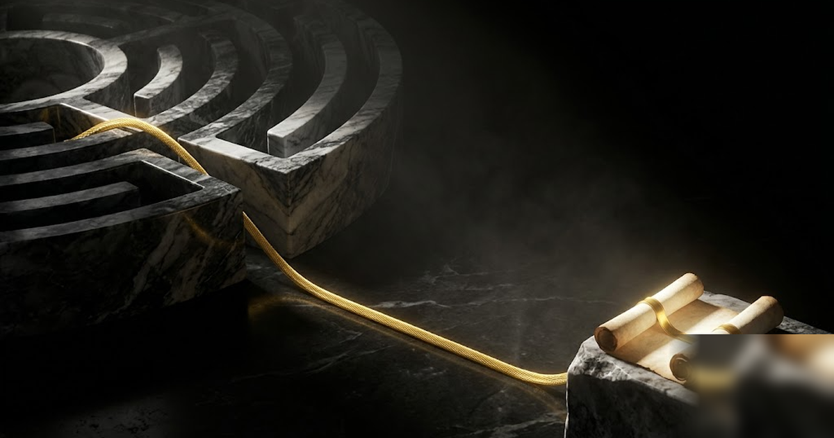 A golden thread of Ariadne running from a black marble labyrinth to a single luminous scroll, suggesting retrieval through a sealed archive, cinematic macro light, void-black, no text, no UI, frameles