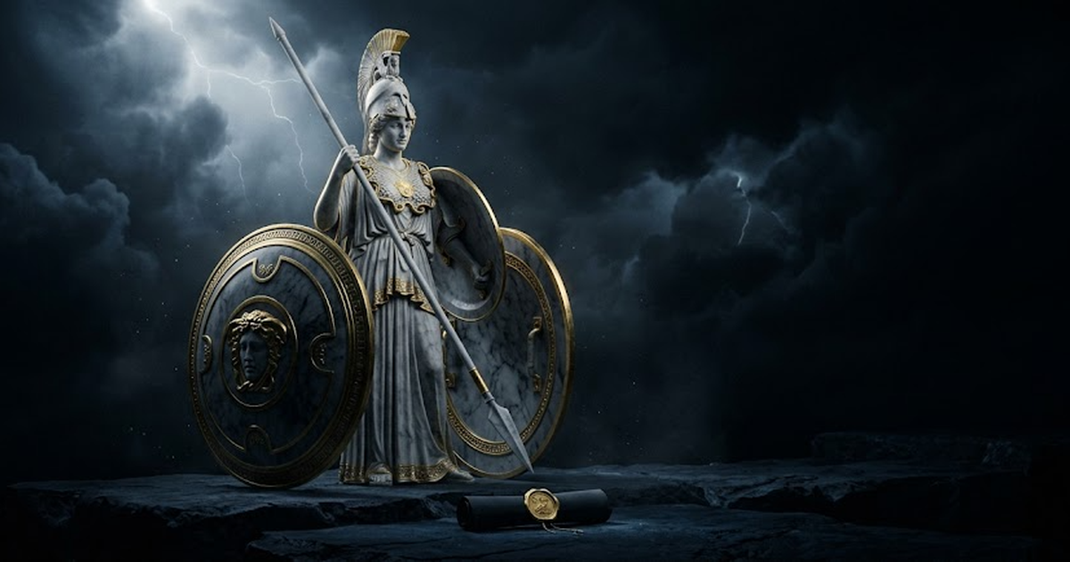 Athena in satin gold stands between two allied shields whose rims almost interlock, a hairline gap of deep blue running between them, her expression watchful and strategic.