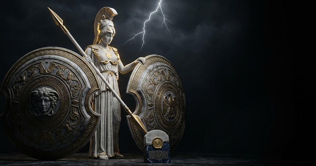 Athena's gold spear points down through the hairline gap between the two shields, its tip resting on a sealed tablet glowing on dark ground.