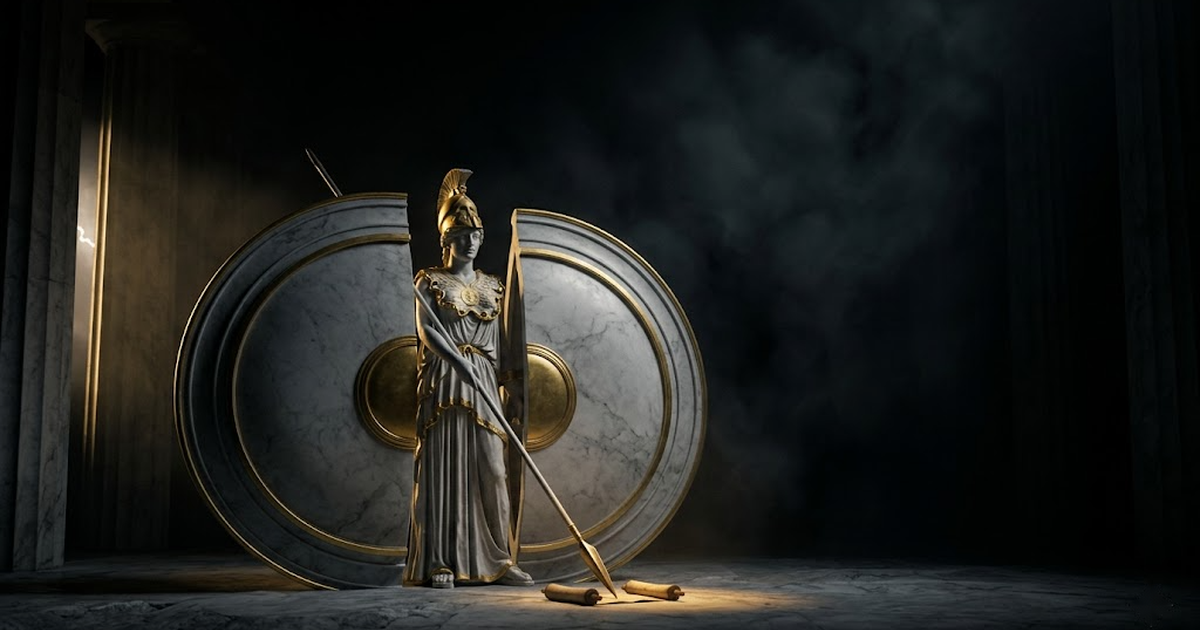 Close view of the sealed record on dark ground beneath Athena's spear, gold lines forming a cryptographic seal that glows against deep blue.