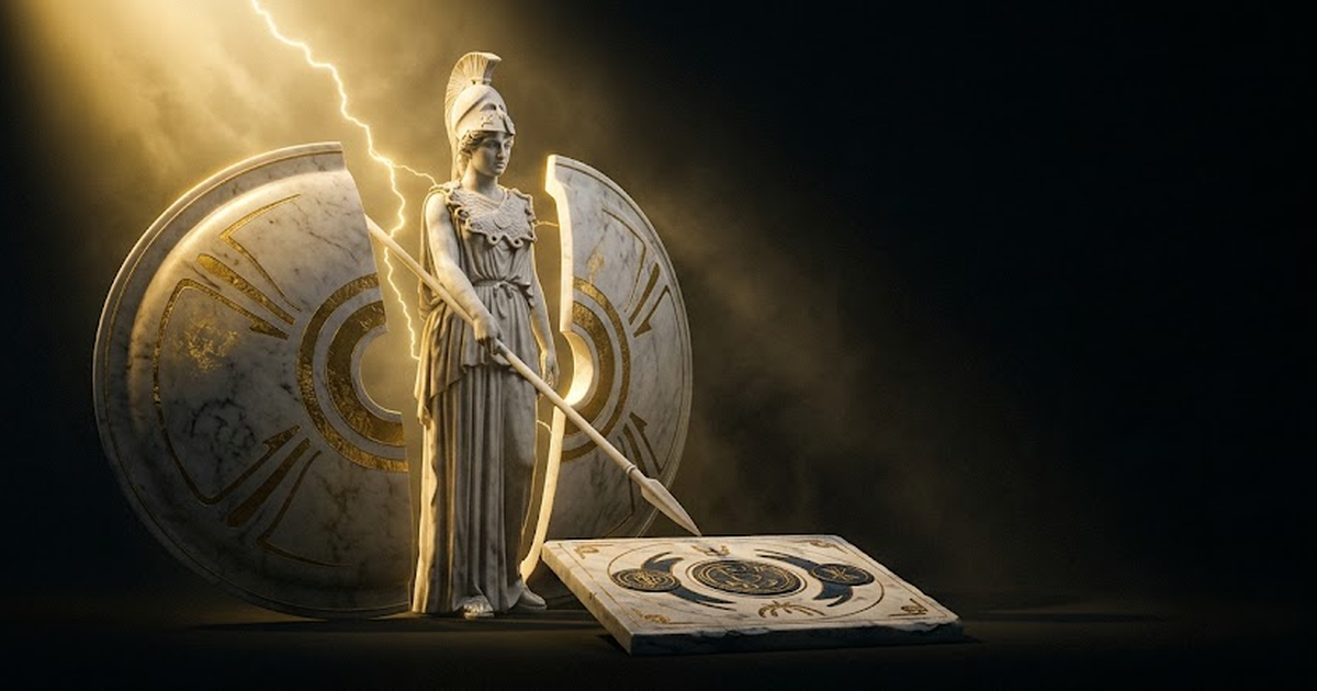 Wide cinematic view of Athena standing watchful between the two gold-rimmed shields above the sealed record, void black sky behind, the hairline gap glowing blue down the centre.