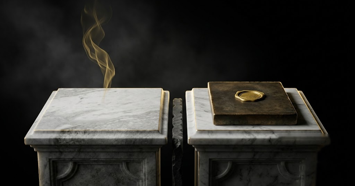 Two columns set side by side, one a soft persuasive paragraph captioned an assertion, the other a sealed and counter-signed certificate captioned evidence, with a clear divide between them
