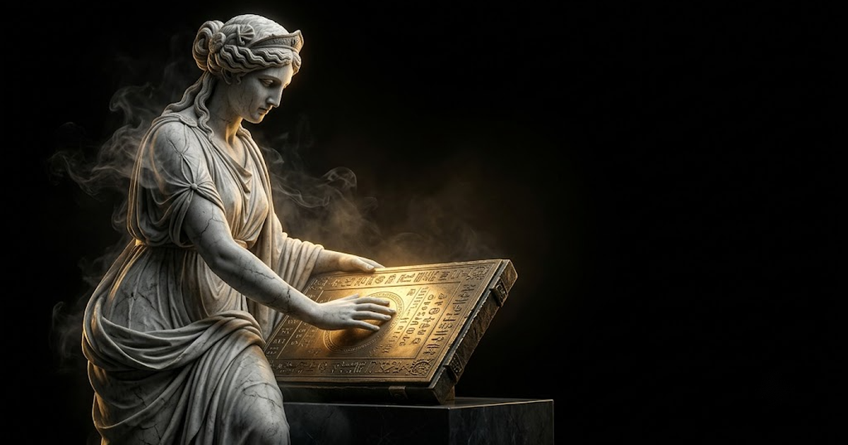 A noisy trading-floor scene in the foreground fading into a calm engraved ledger behind it, the ledger lit and legible while the speculation blurs away