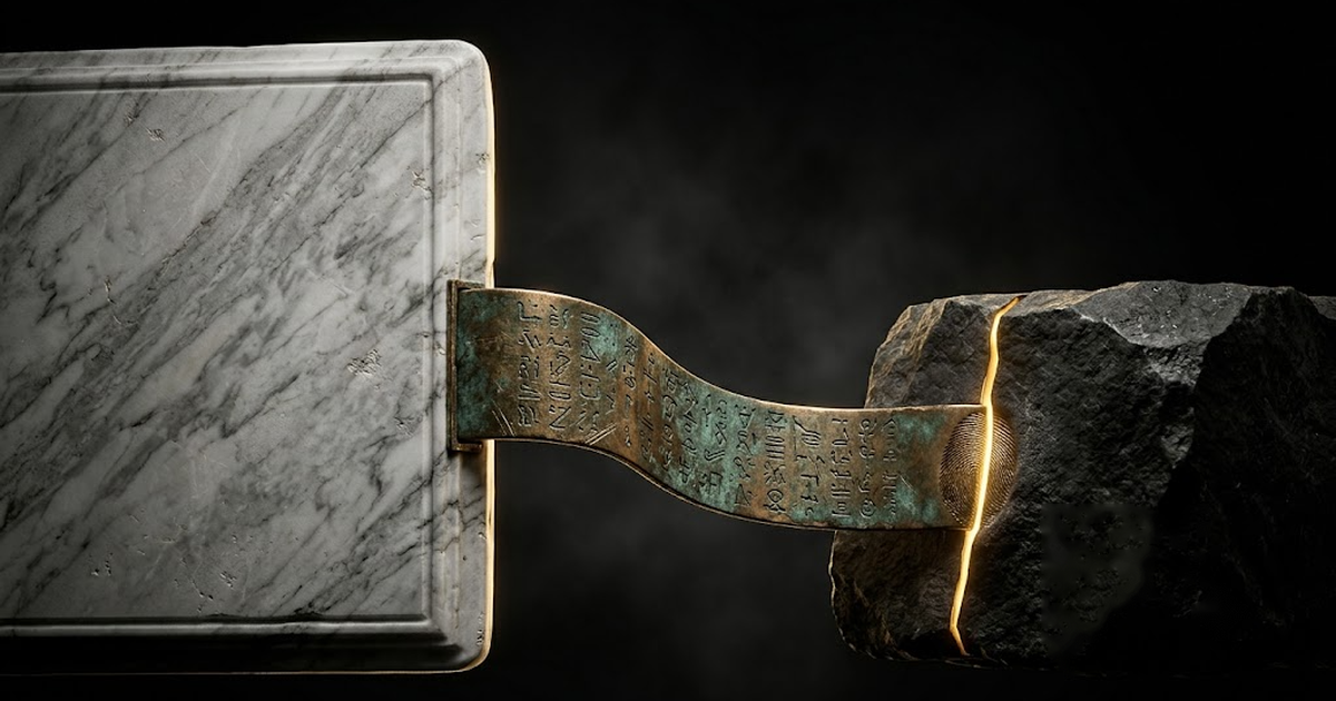 A signed record on the left, a short string of characters labelled hash flowing from it, and that string being set into a block of stone labelled Bitcoin on the right, with the words anchoring is not spending beneath