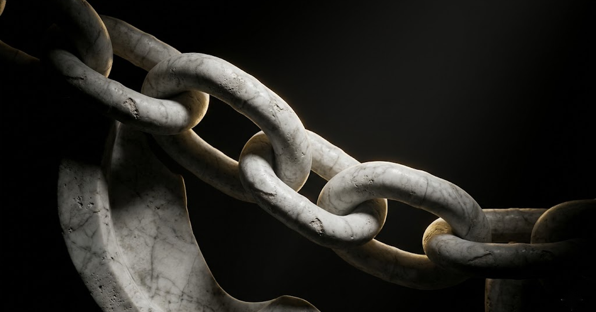 A carved marble chain of fused interlocking links lit by gold rim light against pure black, symbolising a hash chain where each entry is bound to the one before it.