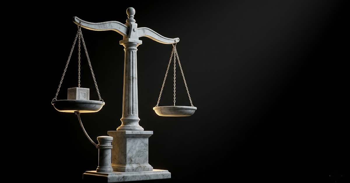 Classical marble scales with one pan tethered by a stone cord to a fixed pillar, lit in gold against black, representing a record anchored to an external fixed point.