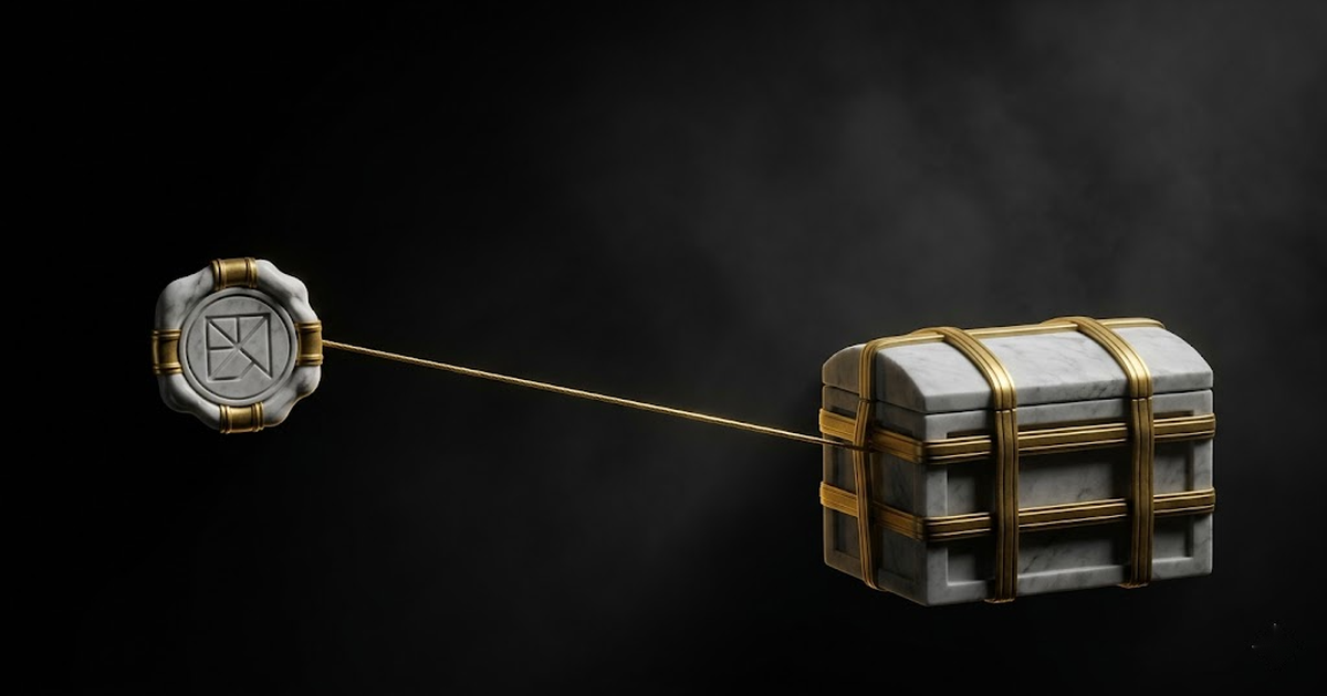 A gold marble relief on a black ground showing a small sealed medallion linked by a thin gold thread to a closed, locked strongbox, the box remaining shut.