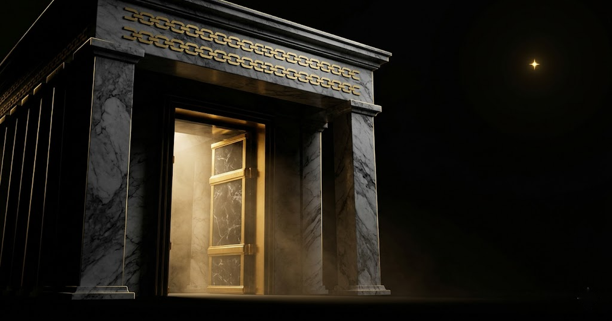 An angled view of a dark marble temple gateway inscribed with gold interlocking-link motifs, golden light within, an inner sanctum door sealed deep inside, and a single gold star above.