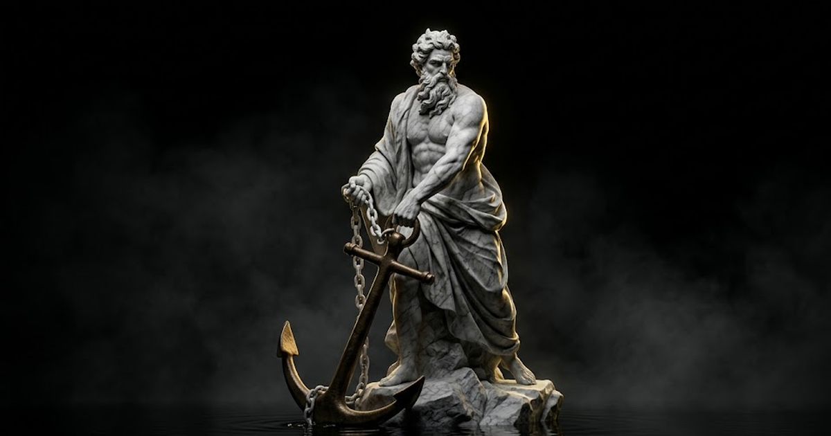 A colossal marble Poseidon standing in volumetric haze, lowering a bronze anchor into still black water lit by a single gold rim light