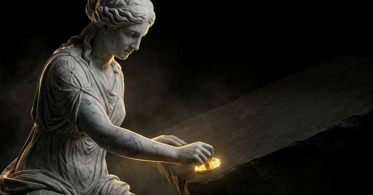 A marble Mnemosyne pressing a small glowing gold seal into a vast stone tablet, the rest of the tablet receding into dark negative space