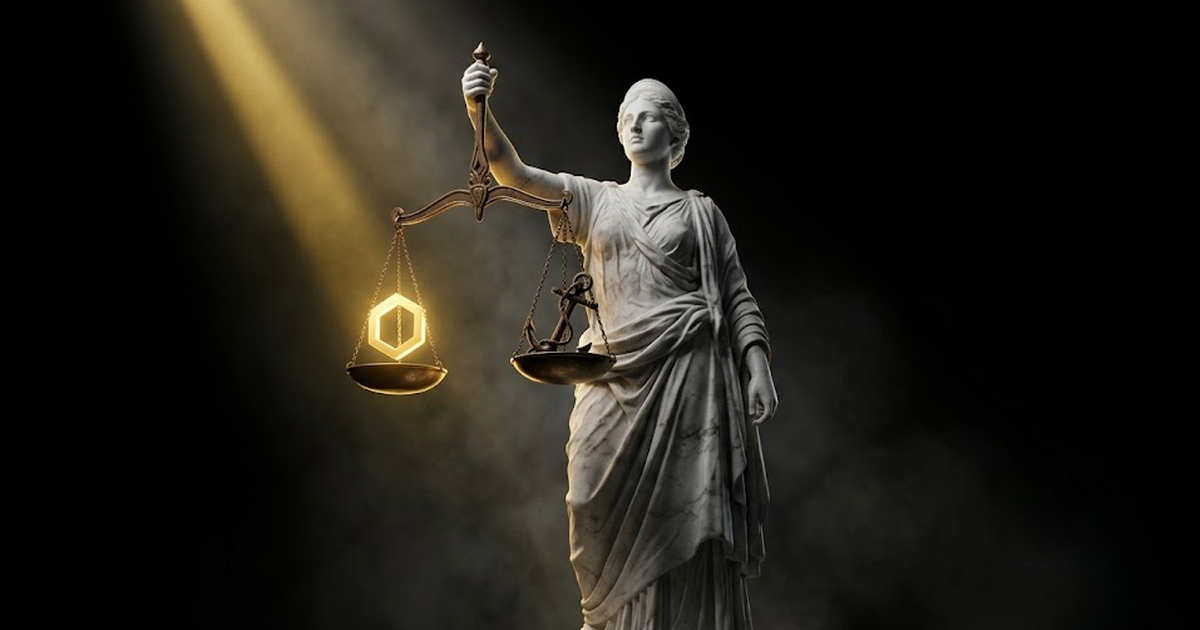 A marble Themis holding scales, one pan bearing a glowing gold hash glyph, the other an anchor, balanced in a shaft of hard gold light
