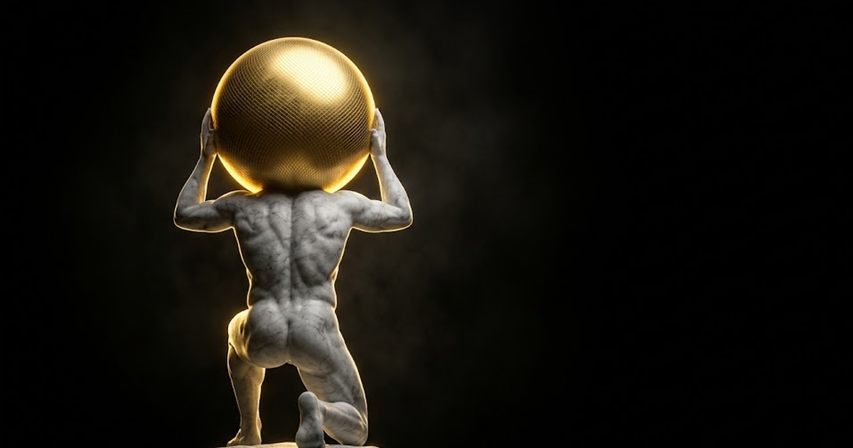 A lone marble Atlas viewed from behind, bearing a luminous gold sphere etched with a fine ledger pattern, set against deep void-black space