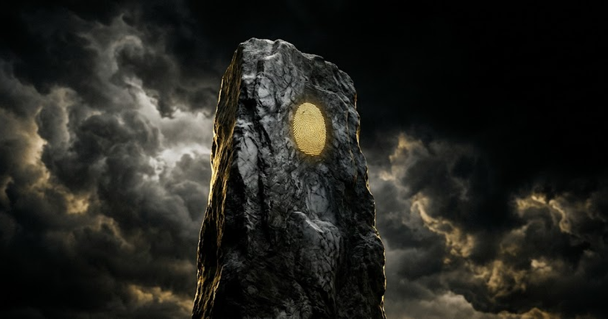 Atlas kneeling in a void, the celestial sphere on his shoulders rendered as a luminous lattice of interlocking Bitcoin blocks, gold hairlines tracing each edge against pure black, distant lightning on the horizon.