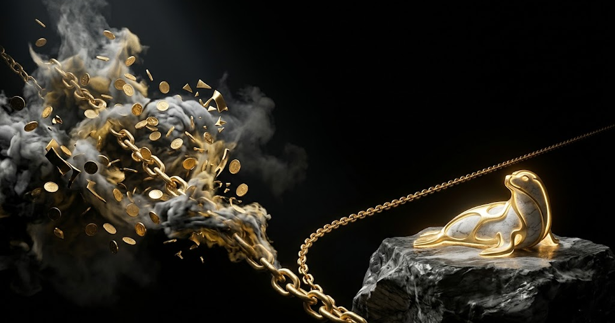A single luminous chain of gold-edged proof descending out of a field of Bitcoin blocks into a black sovereign substrate below, each link a hash, the substrate absorbing the light without reflecting it.