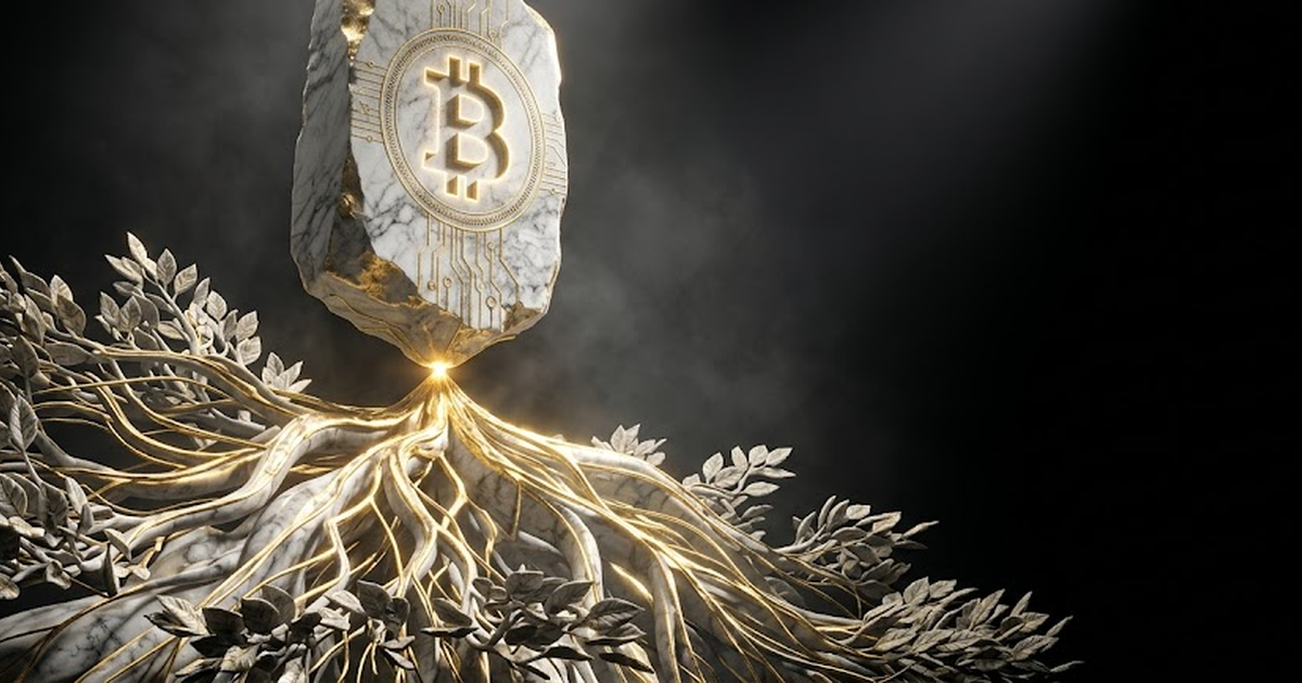 Atlas seen from behind, shoulders bearing a sphere of glowing Bitcoin blocks, while beneath his feet a separate black substrate hums with its own gold circuitry, two distinct layers held apart by a single thread of light.