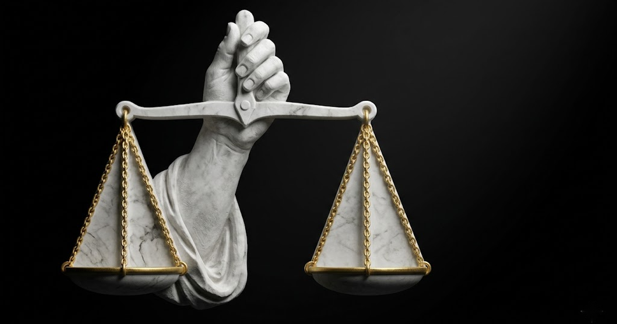 Classical marble scales of justice in perfect balance, gold rim light on a void black background