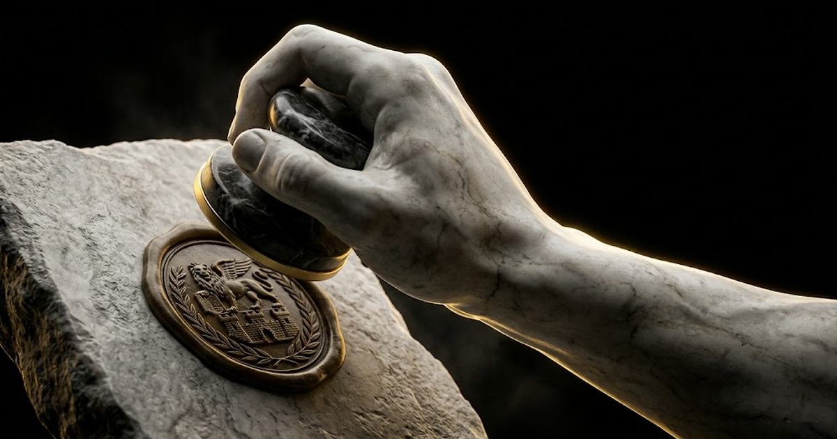 A marble hand pressing a seal onto a stone tablet, gold rim light against void black