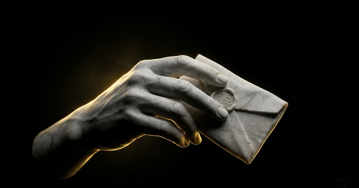 A classical marble hand emerging from deep shadow holding a sealed document, lit by a thin gold rim light against a void black background.