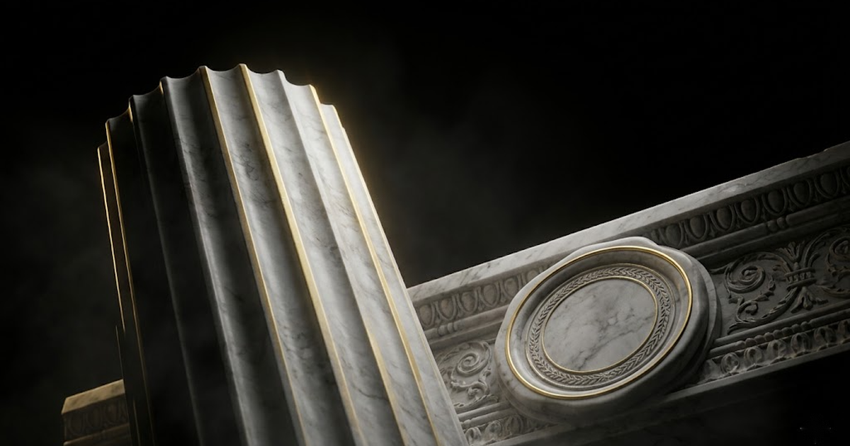 A fluted marble column and a carved wax-seal medallion lit by a thin gold rim light against a void black background.