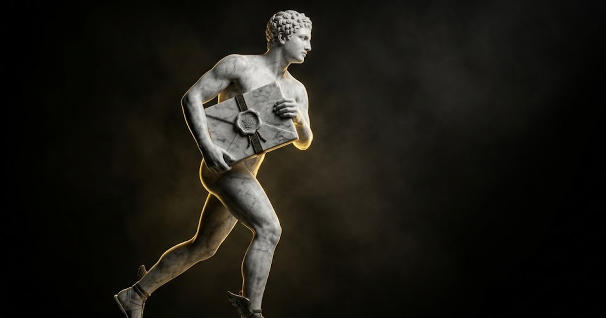 A marble figure of Hermes mid-stride carrying a sealed tablet, carved from white-to-grey stone against pure black, hard gold rim light tracing the edge of the messenger's arm