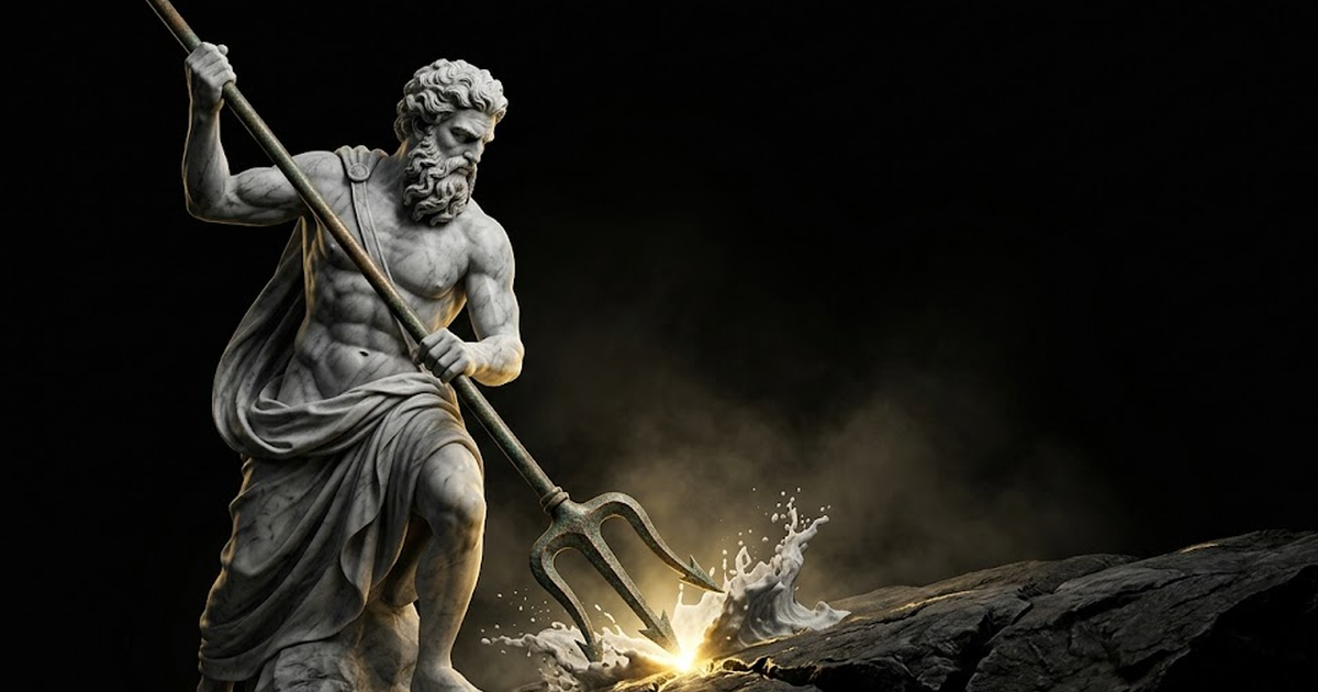 Poseidon in marble driving a trident into bedrock, the impact point catching a sharp gold rim light, water and haze rendered in white and grey against void black