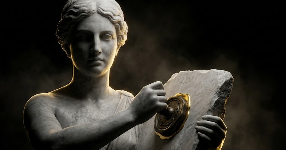 Mnemosyne in marble pressing a seal into a tablet held against her, the impression catching gold rim light, her face calm in deep chiaroscuro against pure black