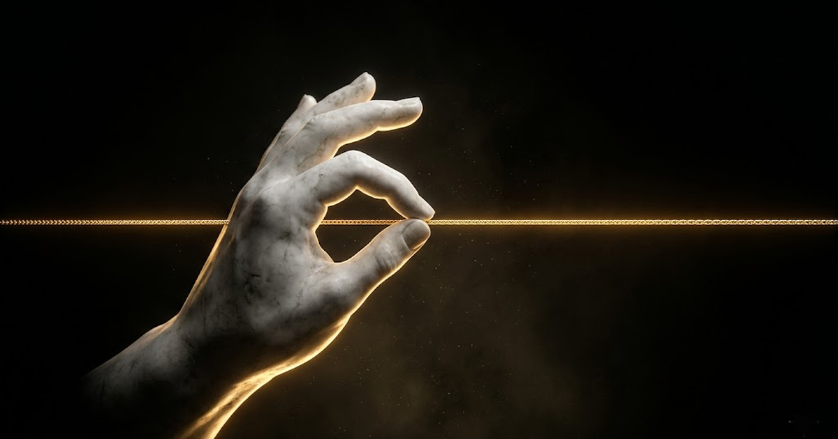 A single marble Greek hand drawing out one unbroken golden thread against a black background, the thread continuing past the frame into darkness, symbolising an append-only audit record that never ends.