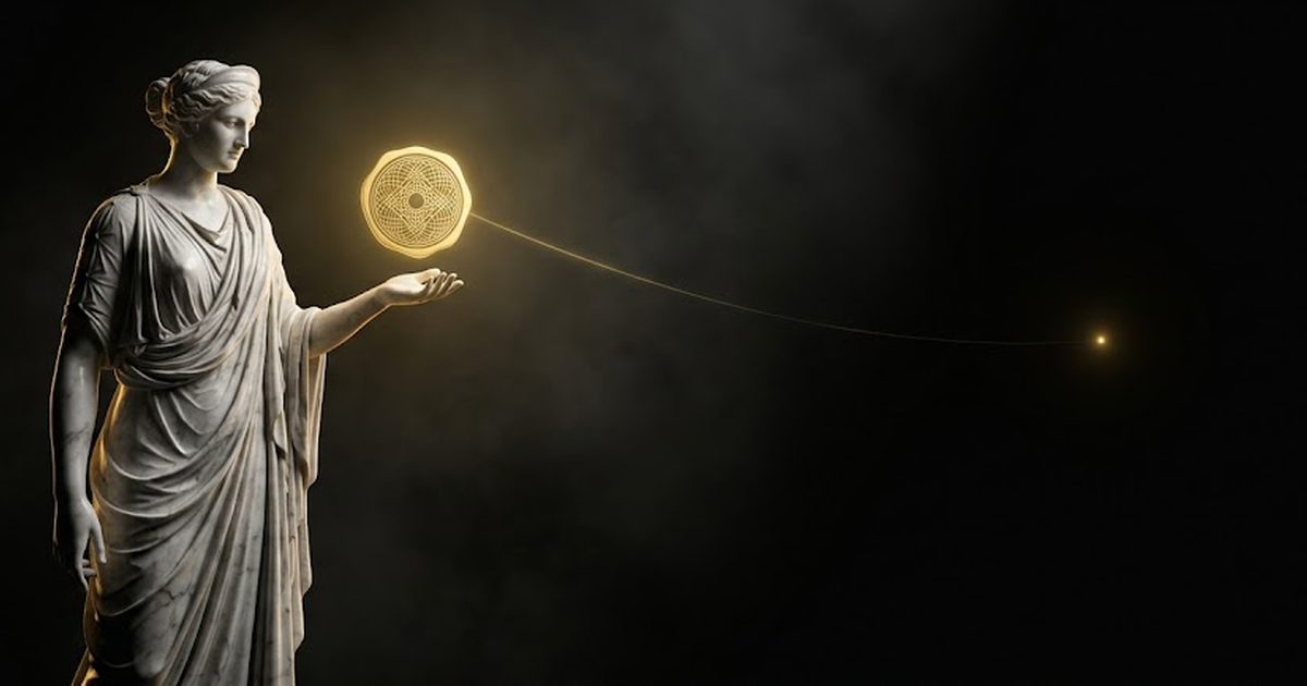 A marble Greek figure holding a glowing golden seal that hovers above an open hand, with a faint second point of gold light far in the distance representing an external witness, set against deep black.