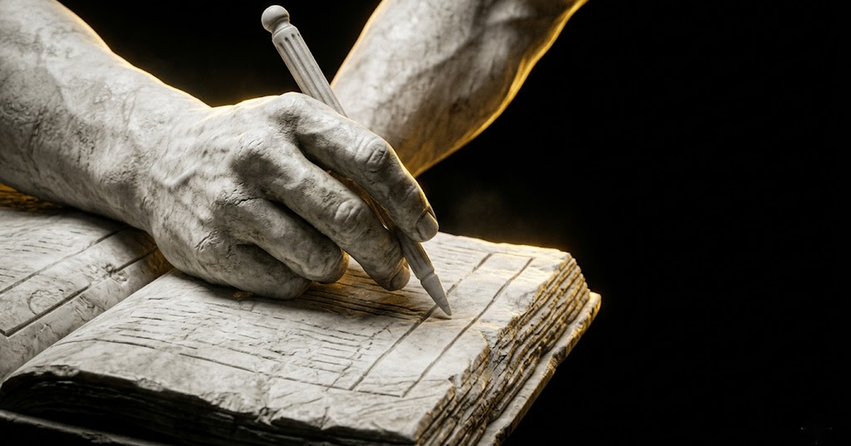 A classical marble hand gripping a stylus poised over an open ledger, lit by a single gold rim light against black