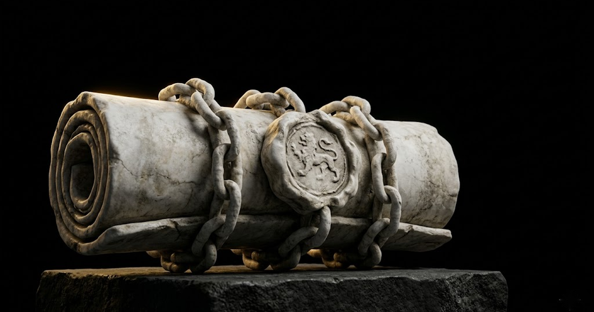 A classical marble sealed scroll or bound tablet wrapped in a chain, single gold light against pure black