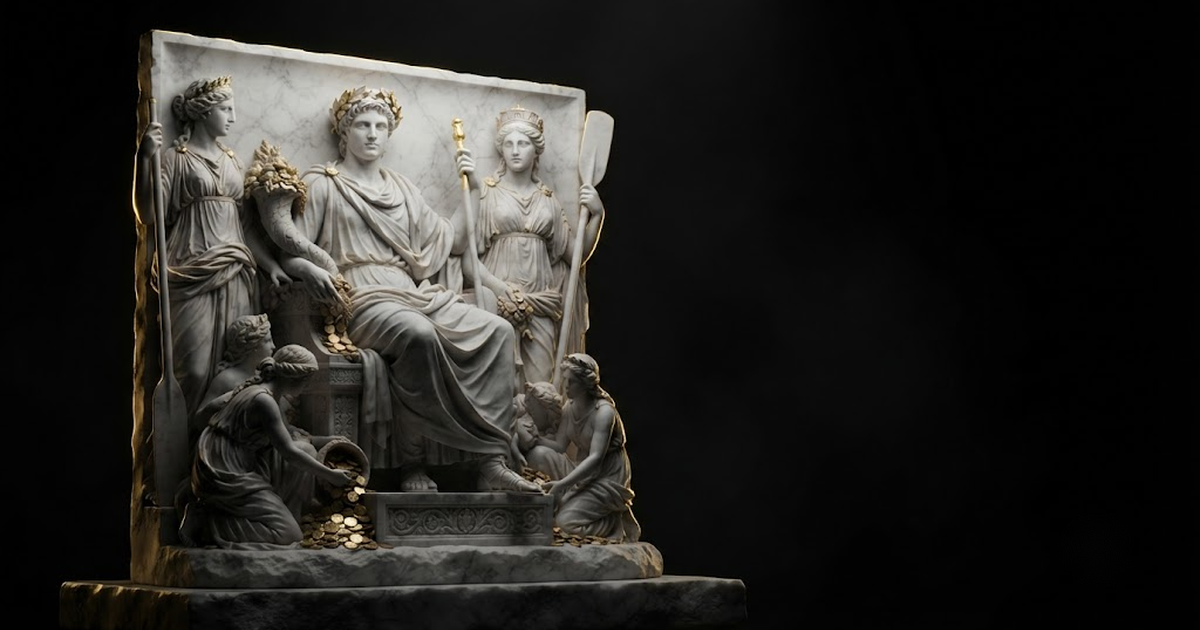 Classical marble scene, Plutus, gold rim light on void black