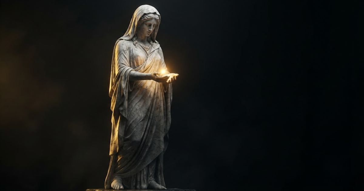 A colossal marble figure of Mnemosyne holding a small point of gold light in her cupped hands surrounded by darkness.
