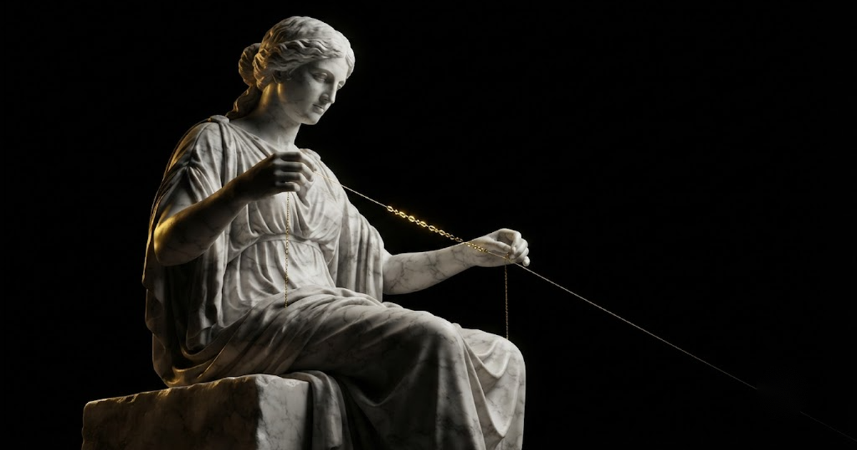 A colossal marble figure of Lachesis measuring a straight golden thread stretched between her hands in deep shadow.