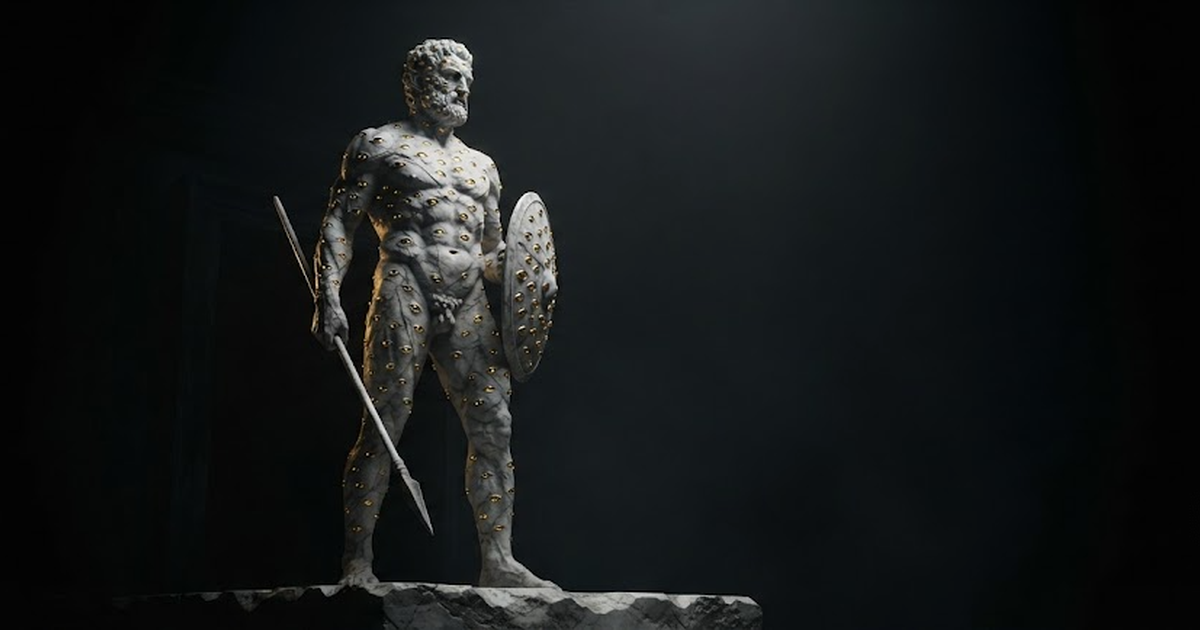 A colossal marble figure of Argus Panoptes covered in many eyes lit by points of gold guarding a dark threshold.