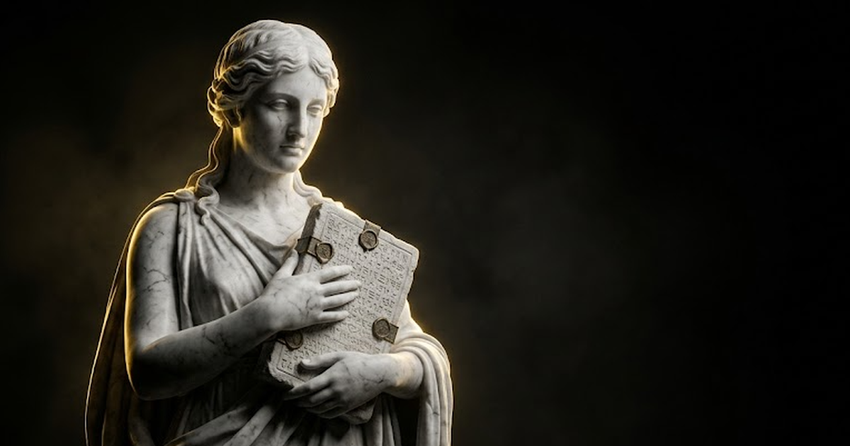 A marble figure of Mnemosyne, goddess of memory, holding a sealed tablet, lit by hard gold rim light against deep void black