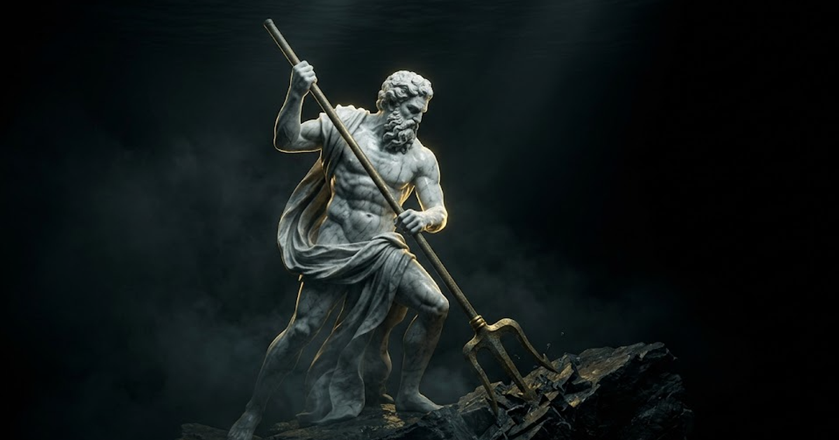 Poseidon in carved marble driving a trident into bedrock beneath dark water, gold rim light on the figure, vast black negative space
