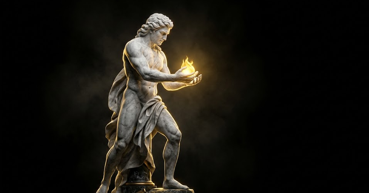 Prometheus in marble cupping a single point of golden fire, hard gold rim light defining the figure against pure black, wide cinematic negative space