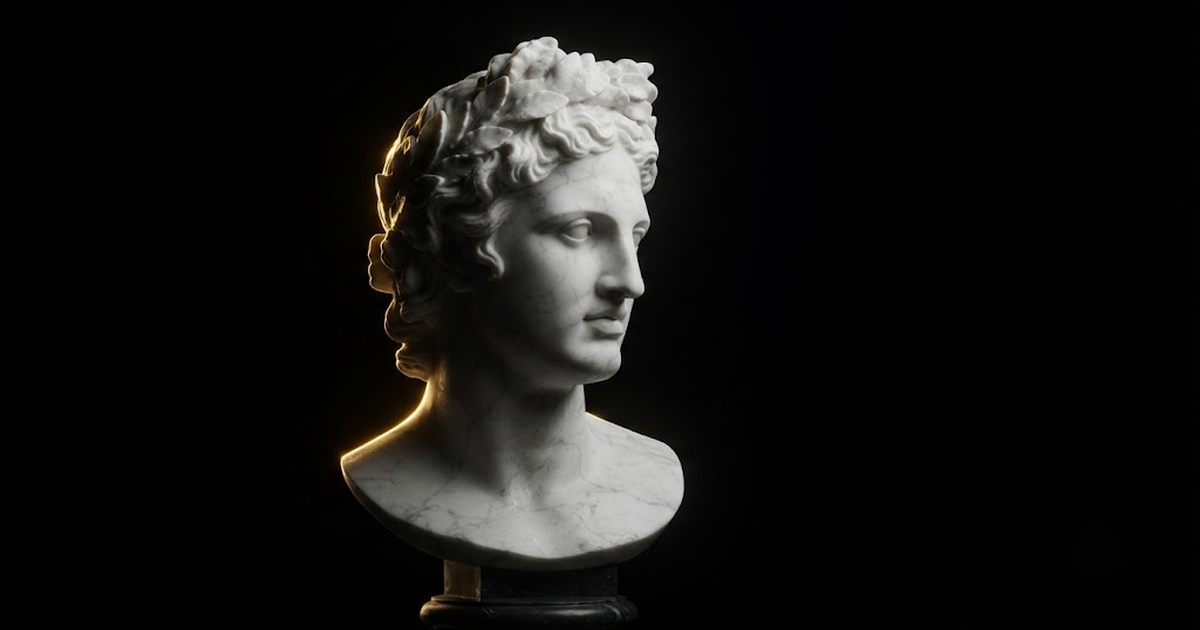 Classical marble scene, Apollo of Delos, gold rim light on void black