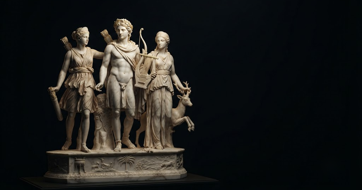 Classical marble scene, Apollo of Delos, gold rim light on void black