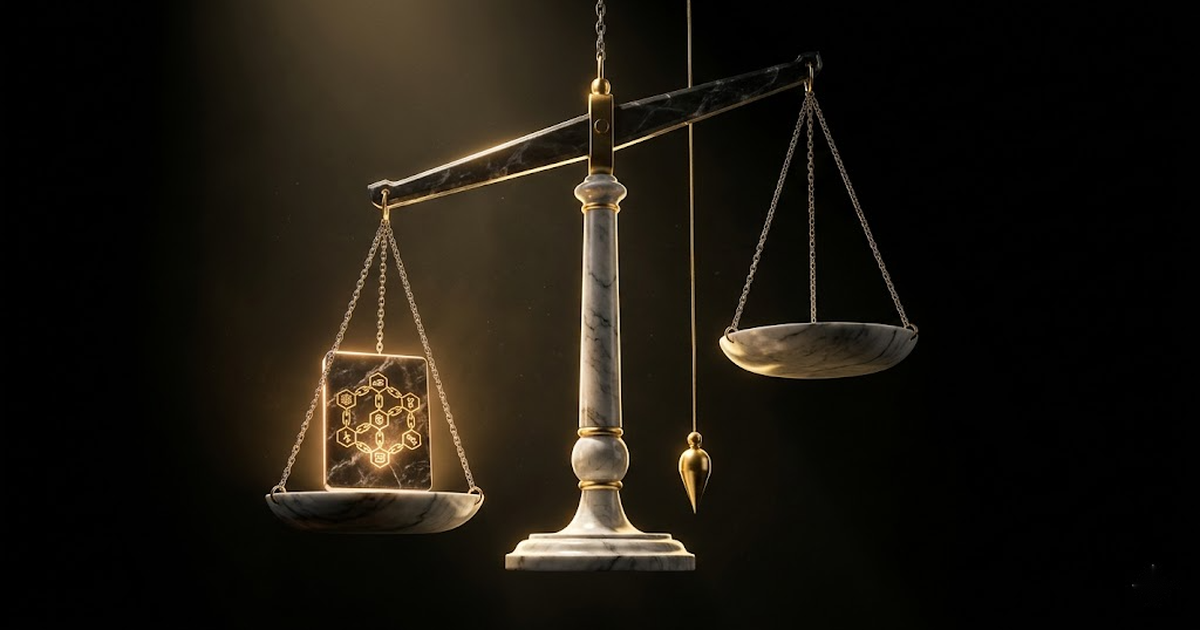 A marble set of balance scales suspended in darkness, one pan holding a glowing sealed tablet etched with a hash-chain pattern, the other pan empty, a golden plumb line falling straight beside them, satin gold on void black.