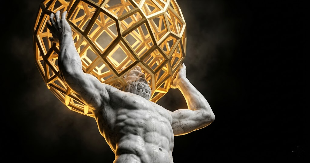 A weathered white marble statue of Atlas seen from below, straining to hold aloft not a celestial sphere but a glowing three-dimensional lattice of interlocking golden geometric cells, a post-quantum lattice motif, against a void-black ground.