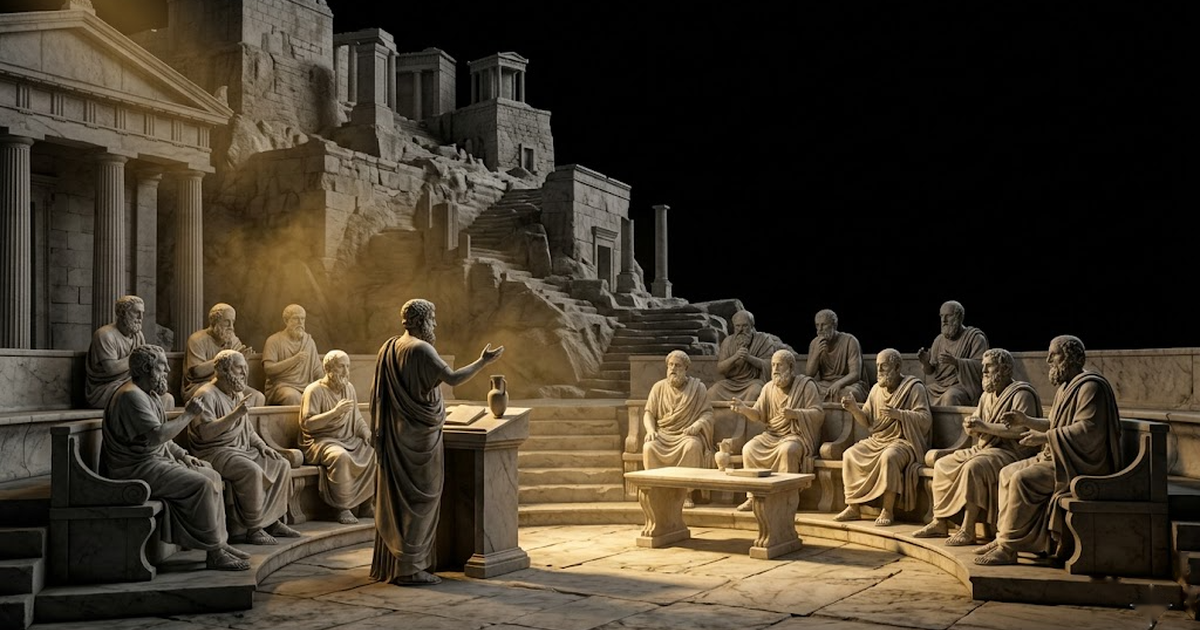 The Areopagus, the marble council hill of Athens, a grave council in session under satin gold light against void black