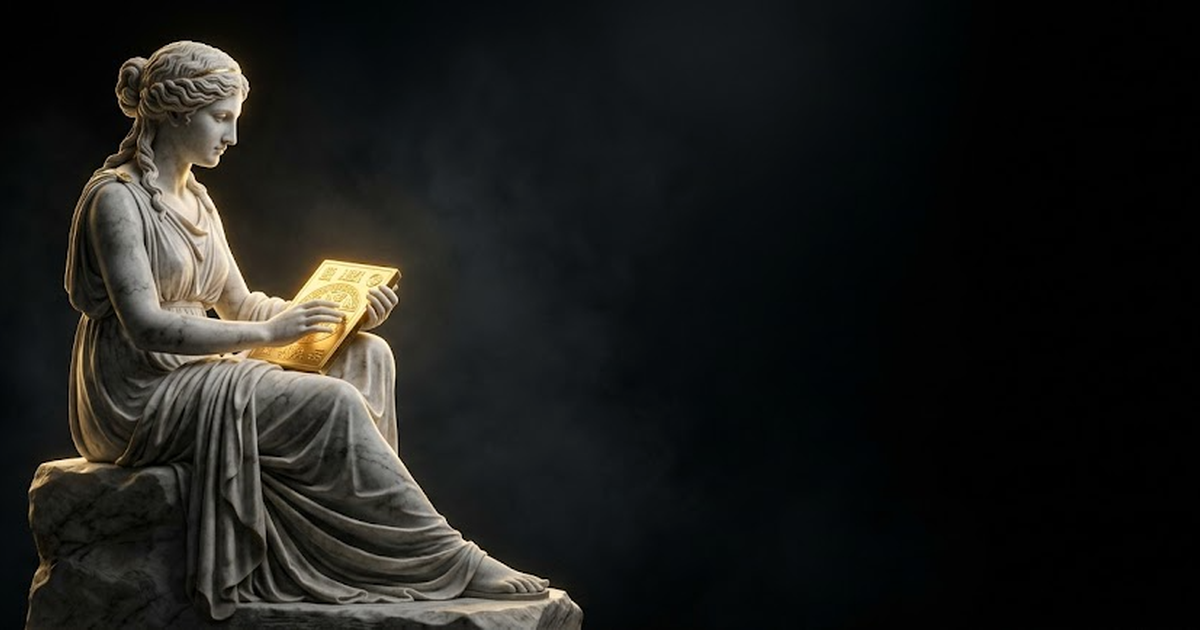 Mnemosyne, Greek goddess of memory, cradling a glowing gold tablet, marble on void black
